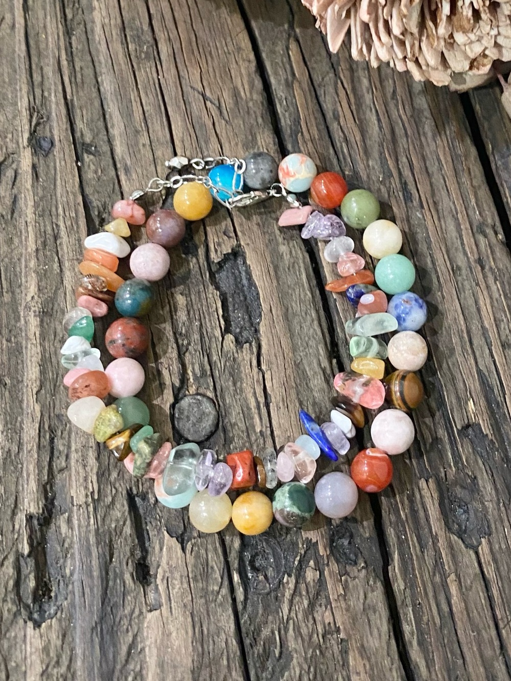 Multicolor Gemstone Bracelet Set, Round Beads & Chip Beads